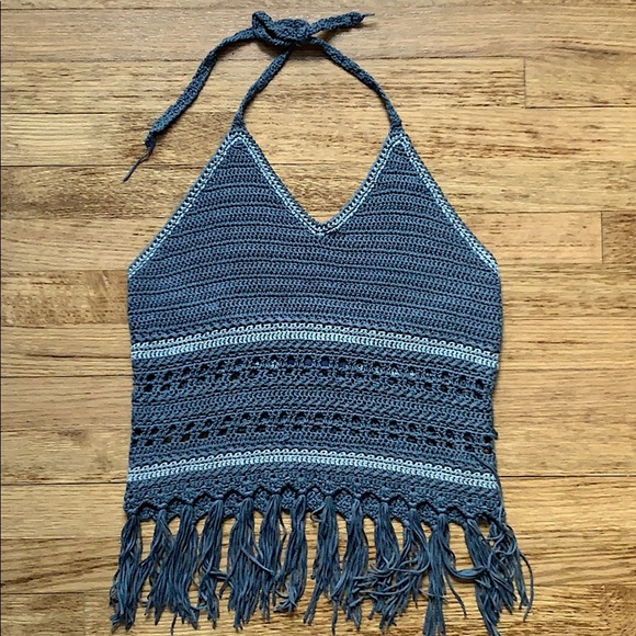 ANTHROPOLOGIE Paper Crane Blue Crochet Fringe Halter Top Small - Picture 1 of 5